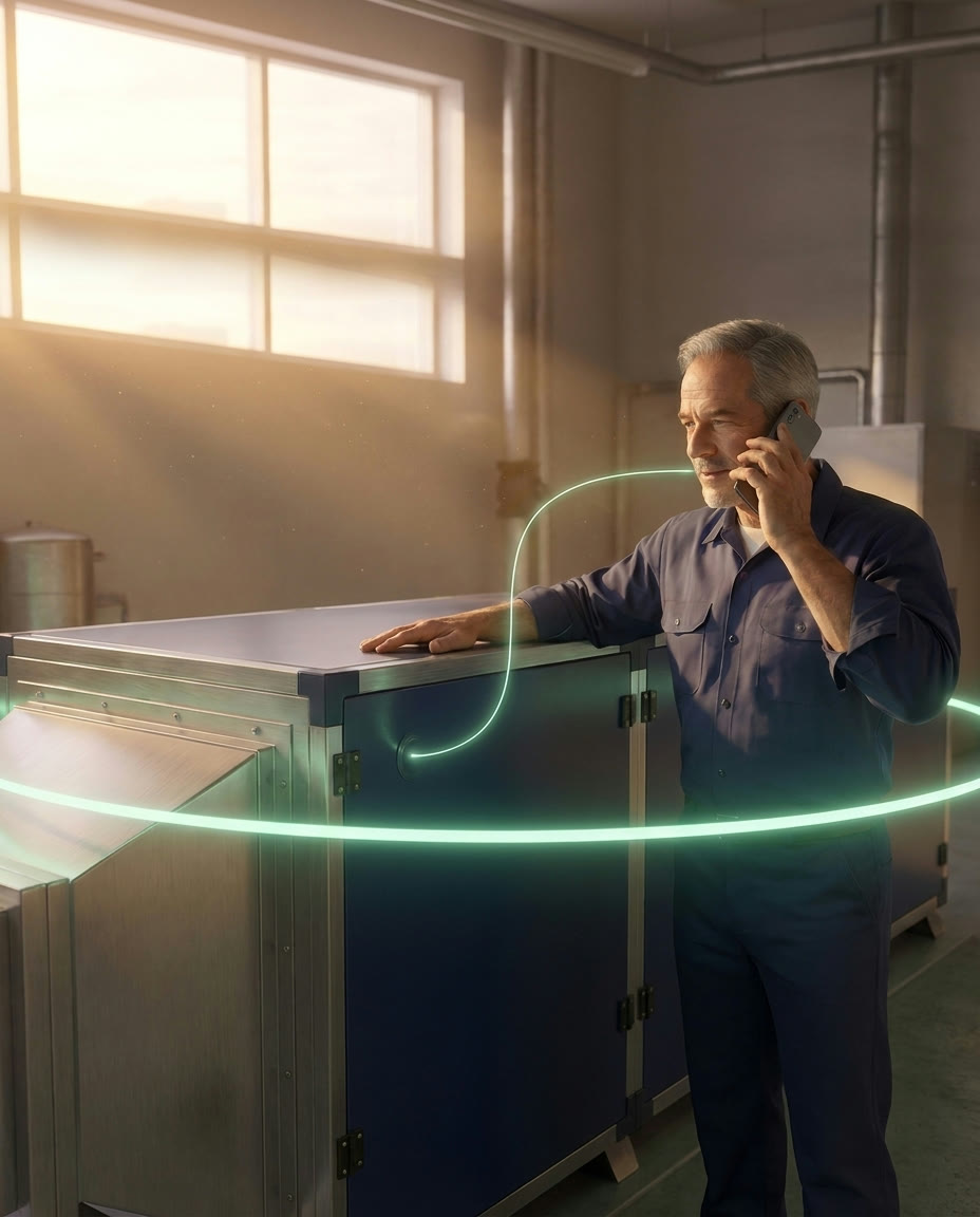 Veteran engineer with a hand resting on a large machine, his spoken knowledge sealing into a ring of mint light around it